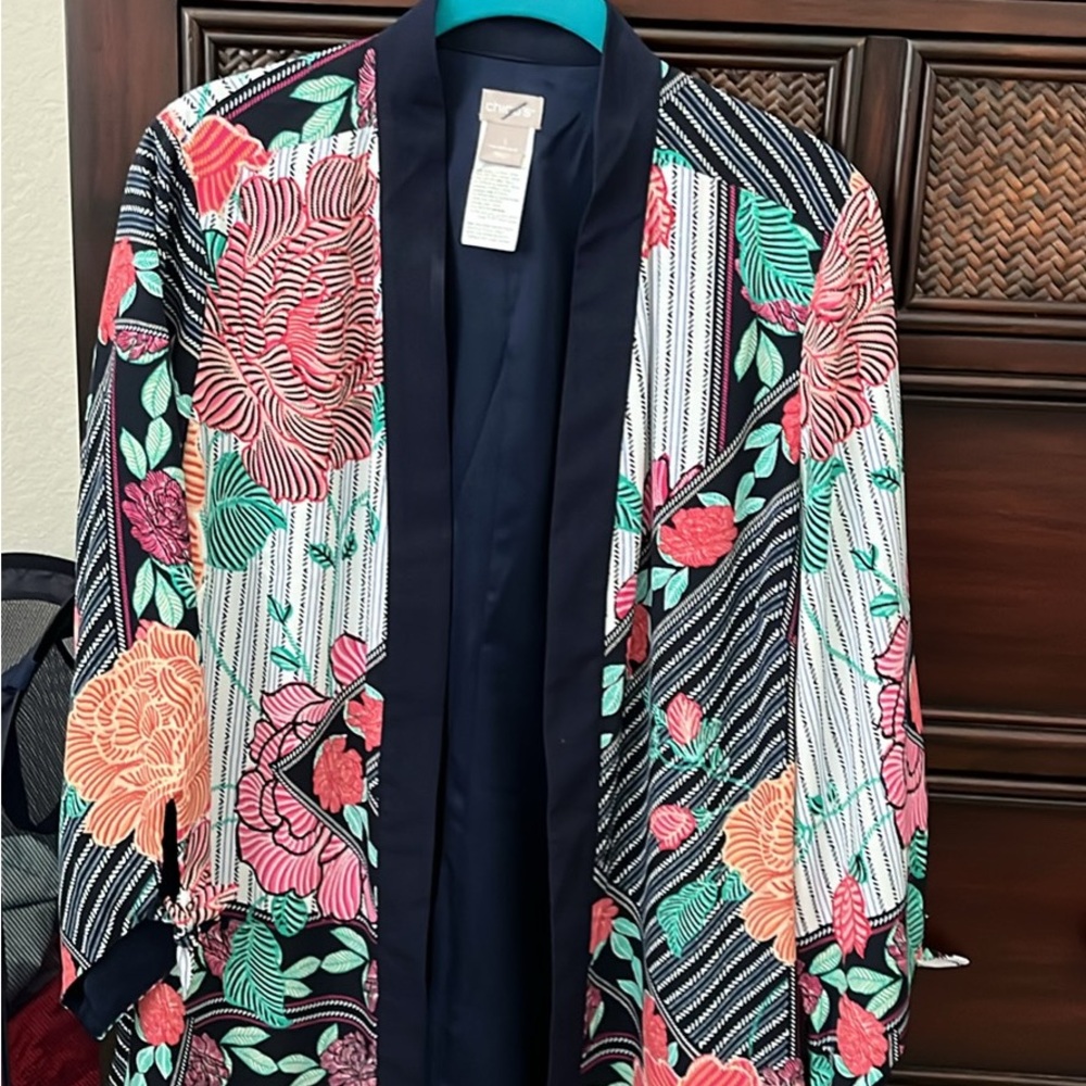 Chico's Pink and Orange Blazer with Bold Floral Design